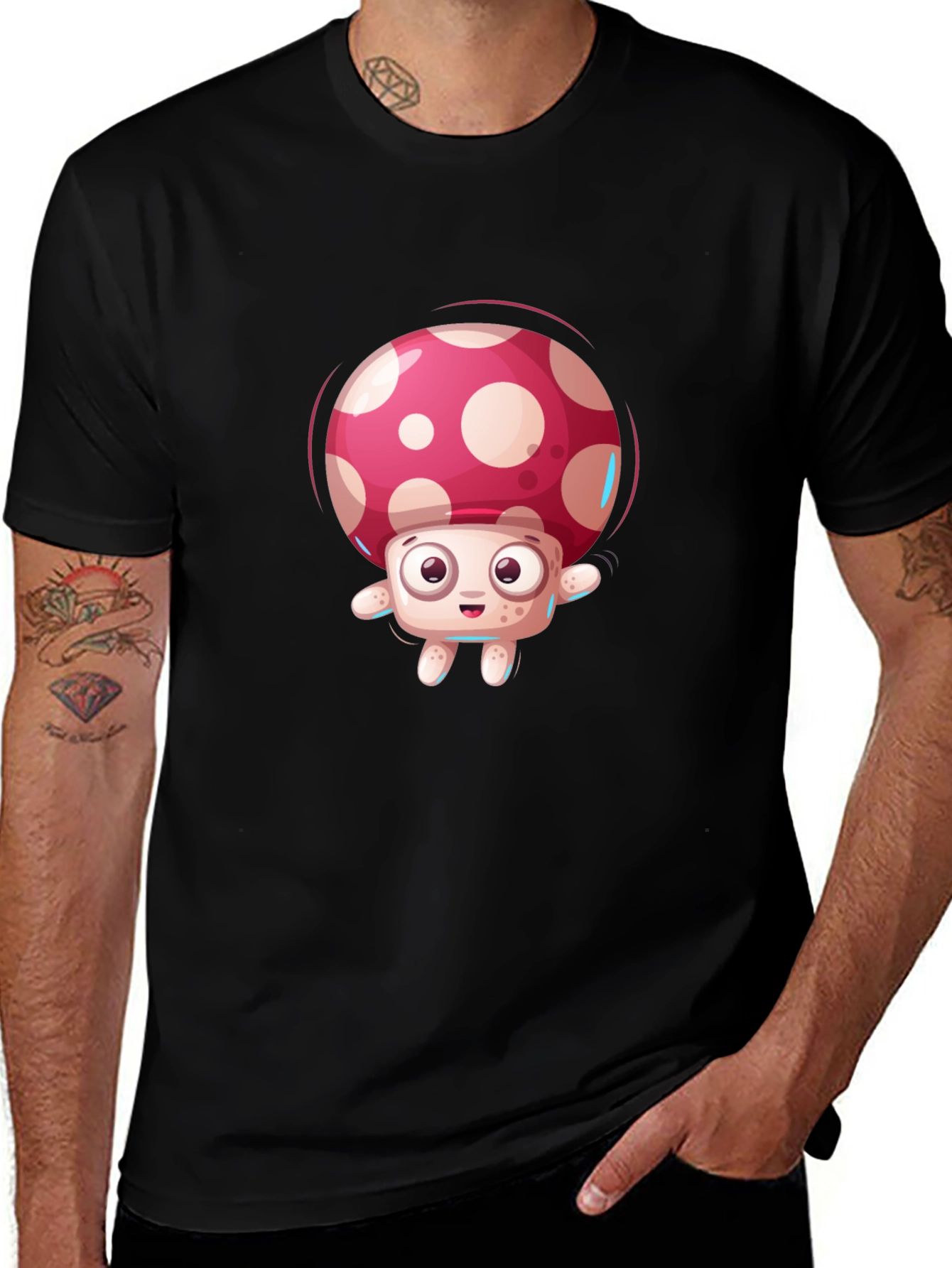Variant 11 of Cartoon Mushroom Graphic Tee - Black Casual Top