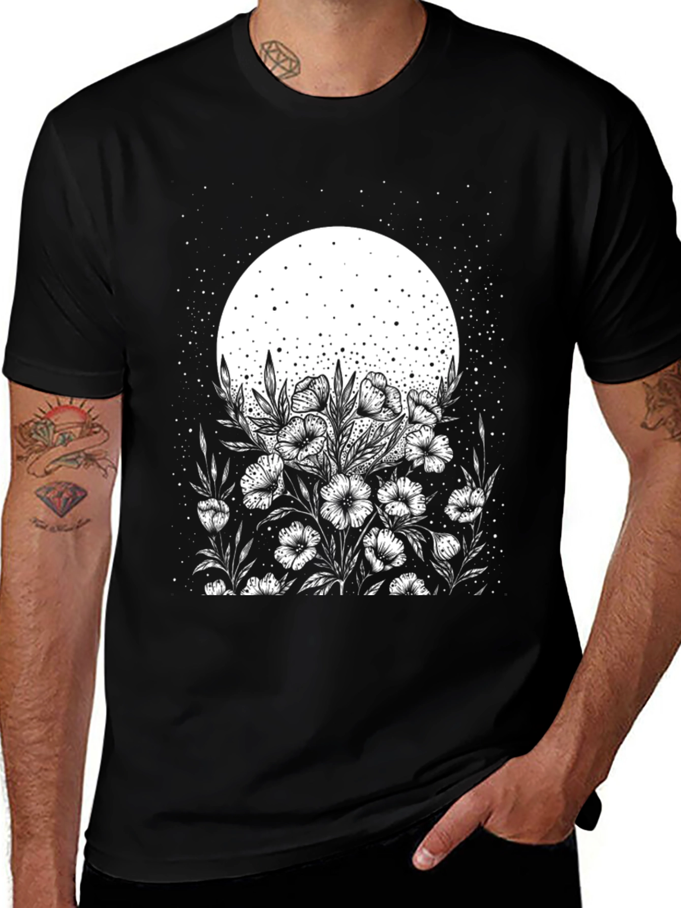 Variant 25 of Moonlit Blooms Graphic Tee - Stylish Black Cotton T-Shirt