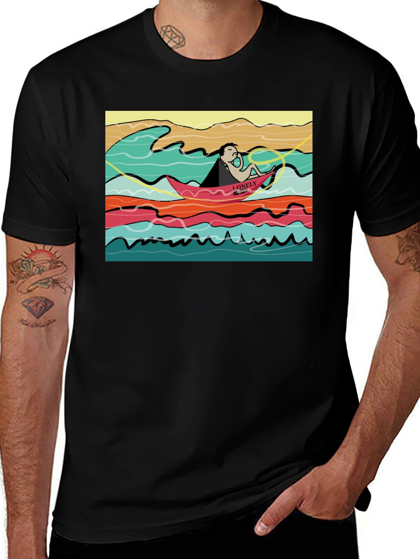 Black Lonely Boat Graphic Tee - Black Cotton T-Shirt main image
