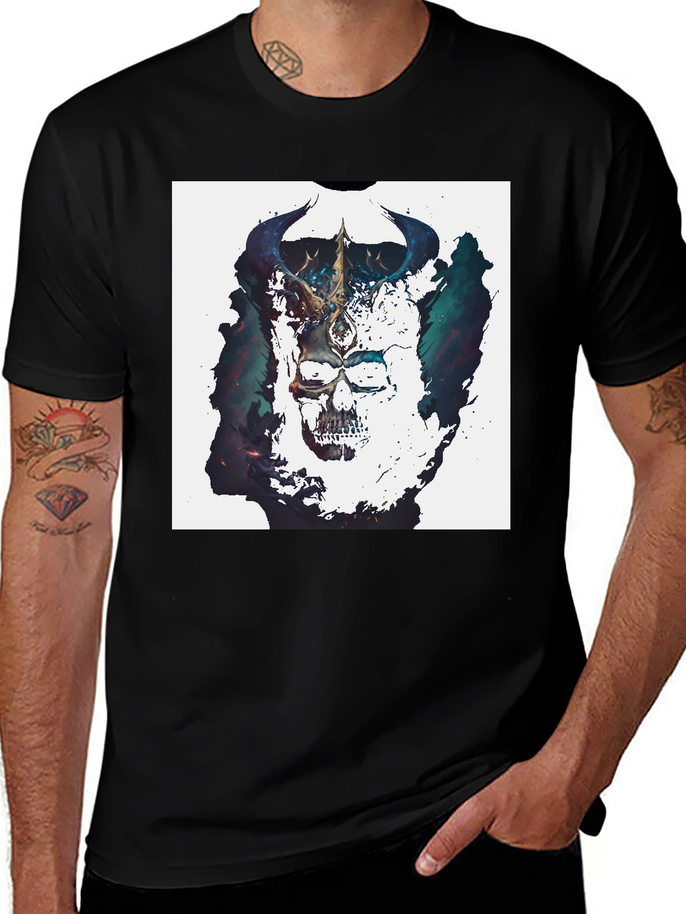 Variant 5 of Skull & Horns Graphic Tee - Black Cotton Comfort