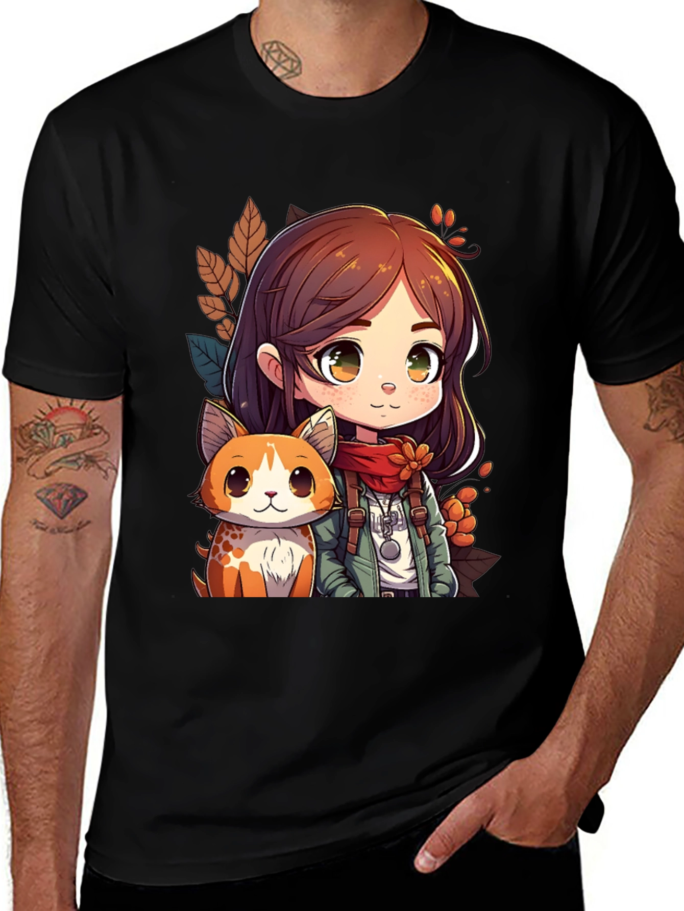 Variant 6 of Anime Girl & Cat Black T-Shirt