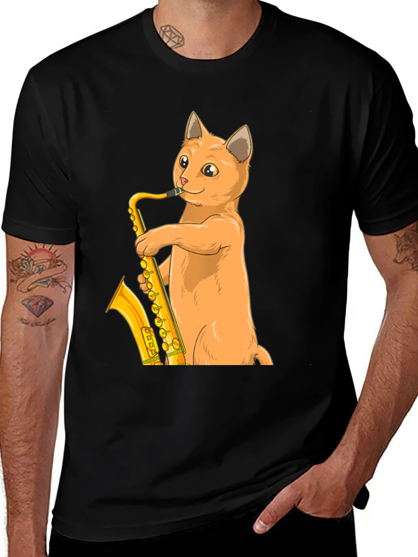 Variant 18 of Cat Saxophone Black T-Shirt