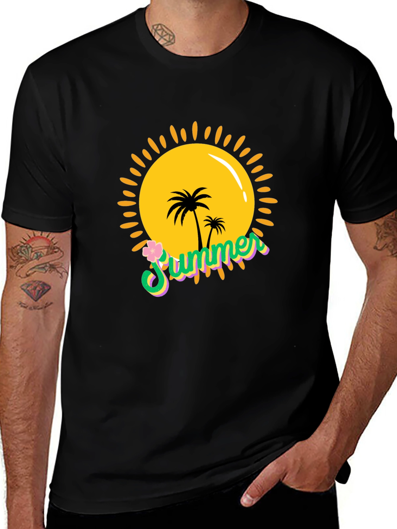 Variant 17 of Summer Vibes Black T-Shirt - Palm Tree Sun Graphic