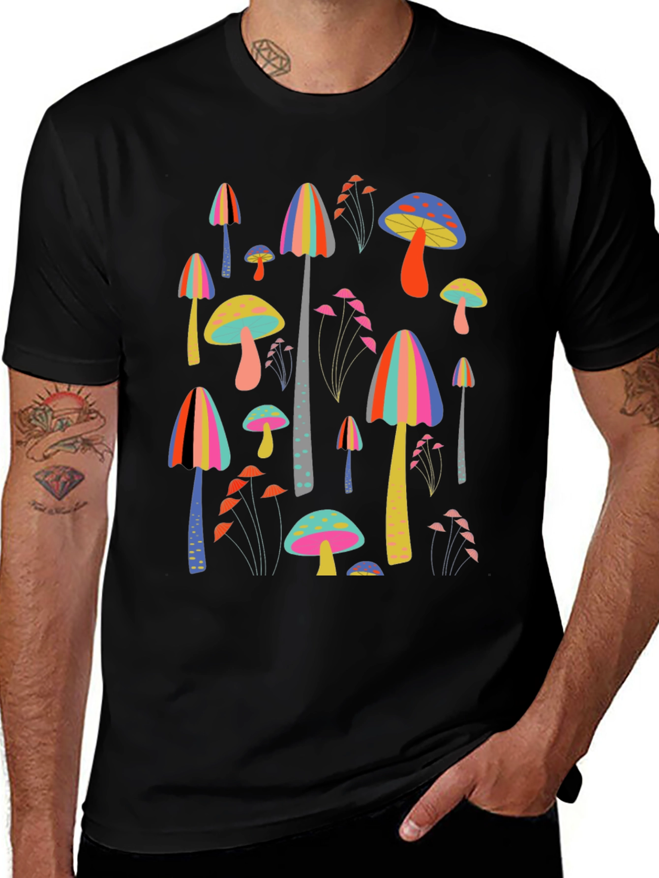Variant 8 of Funky Mushroom Print Black T-Shirt