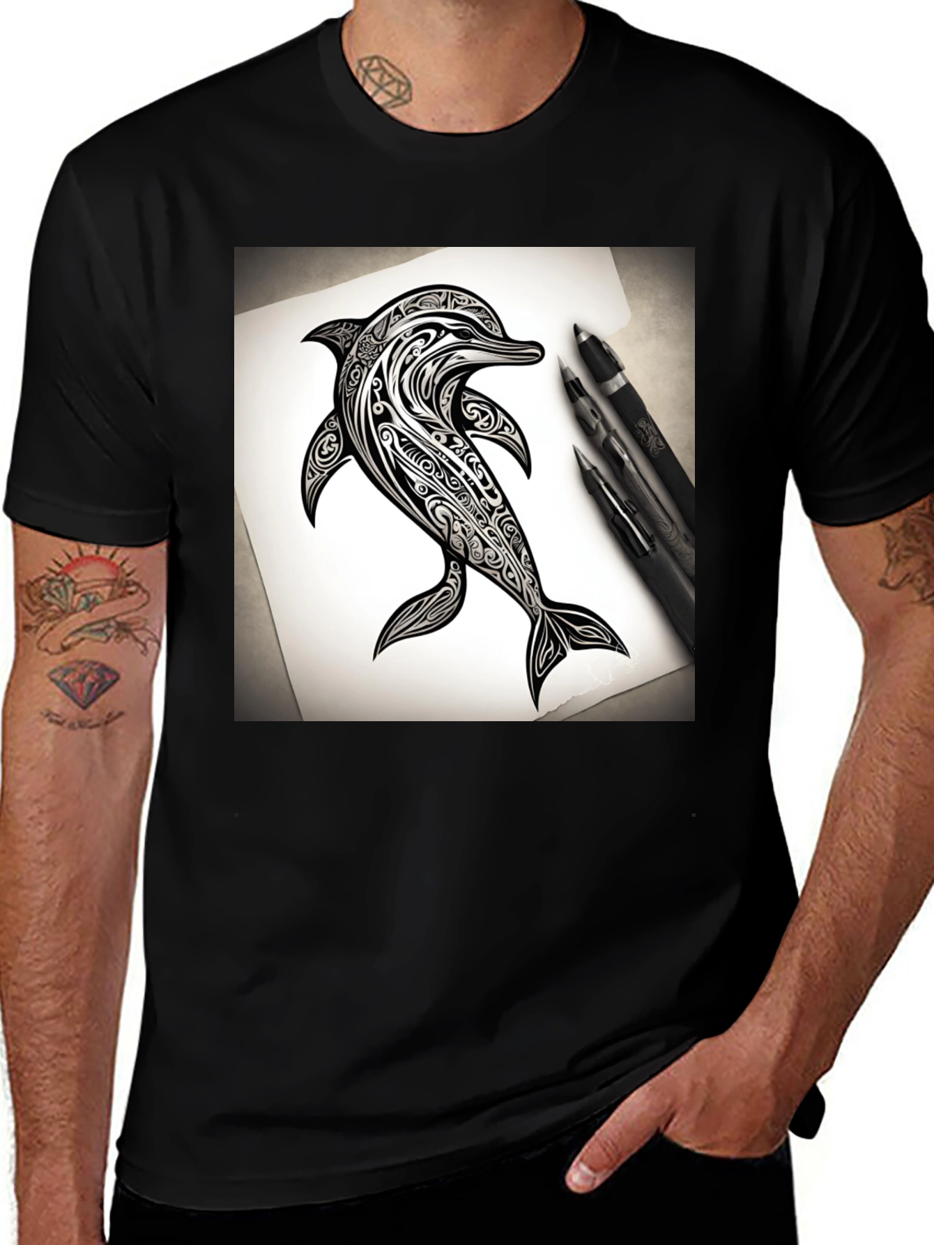 Variant 30 of Tribal Dolphin Graphic Black T-Shirt