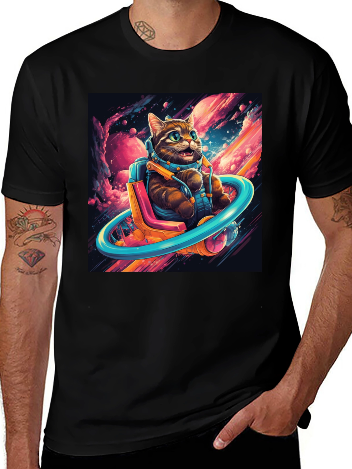Variant 25 of Cat Astronaut Graphic Tee - Black Cotton Blend T-Shirt