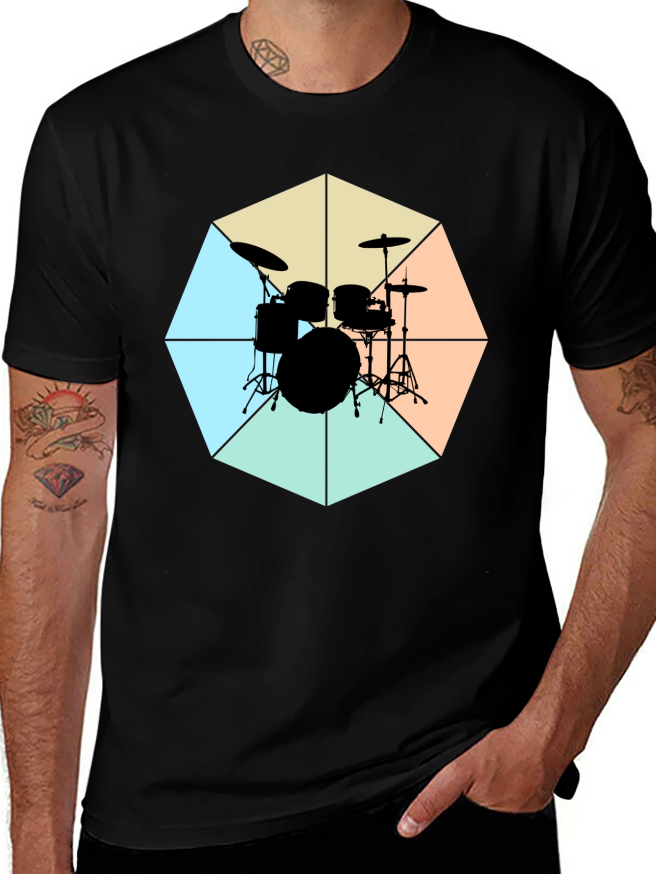 Variant 9 of Geometric Drum Set Graphic Tee - Black Cotton