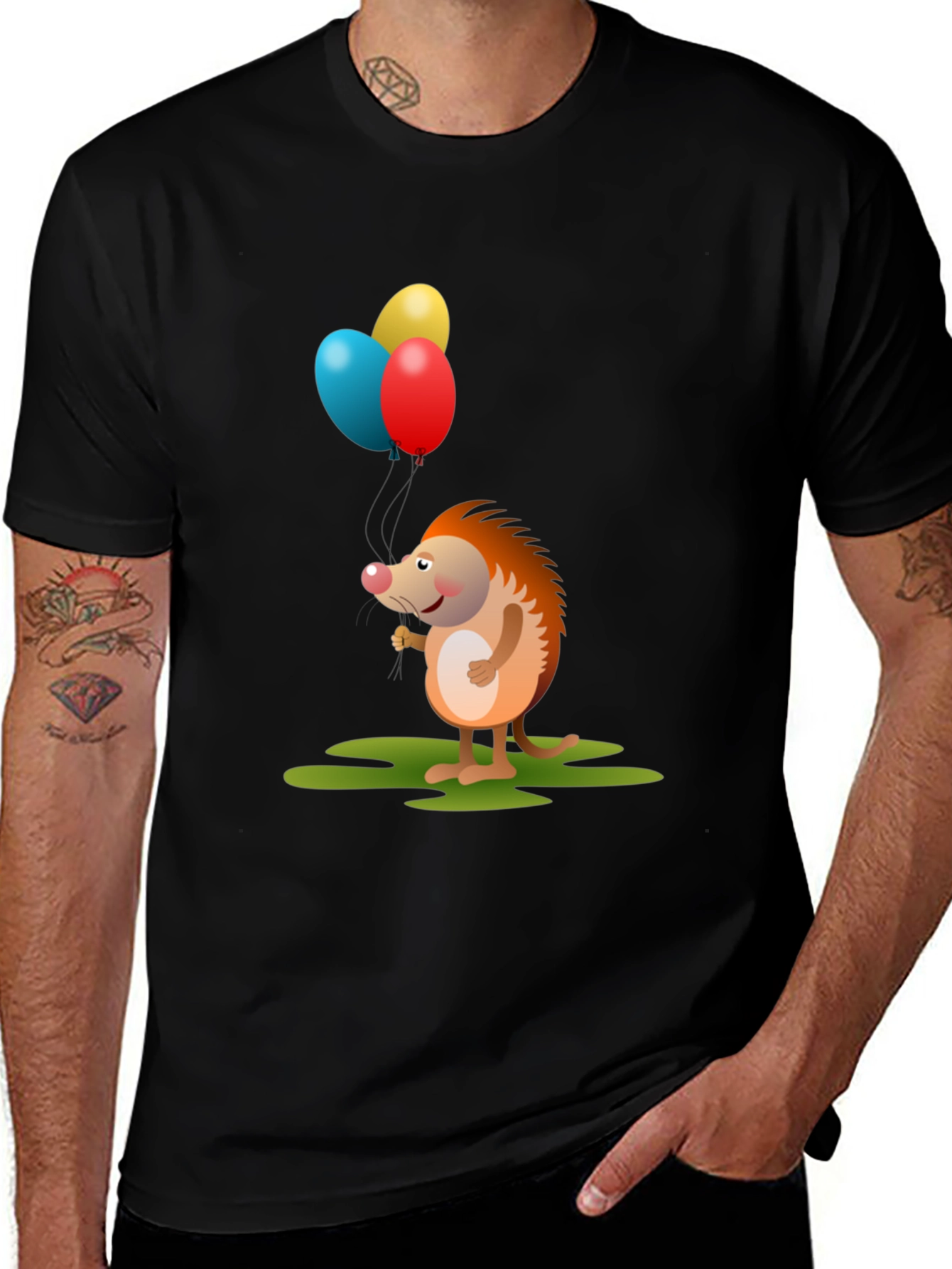 Variant 20 of Cute Hedgehog with Balloons Graphic Tee - Black Cotton
