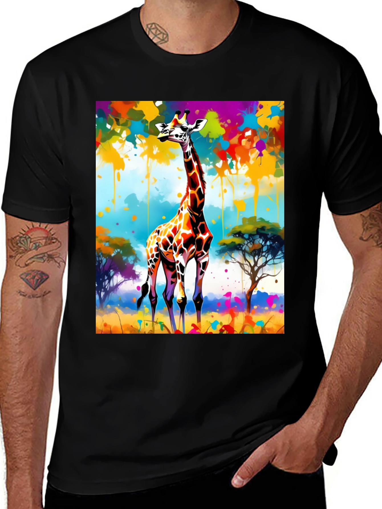 Abstract Giraffe Print Black T-Shirt
