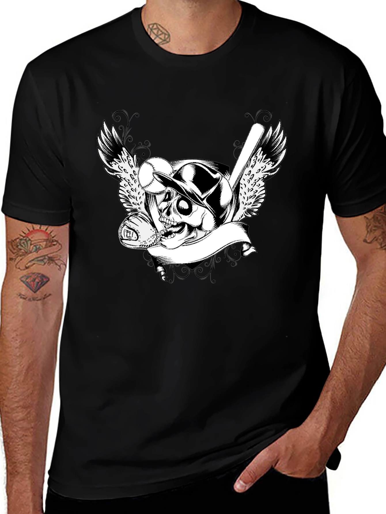 Variant 26 of Baseball Skull Graphic Tee - Men's Black T-Shirt