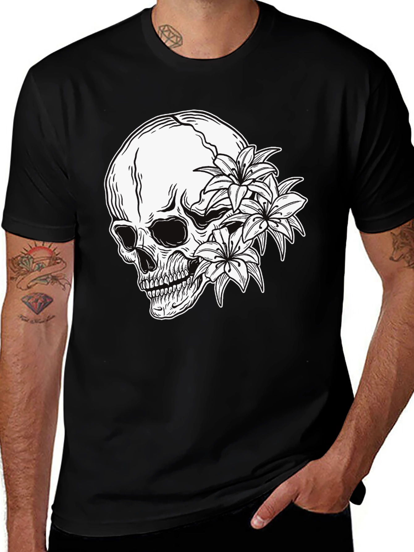 Variant 17 of Skull and Flowers Graphic Print Black T-Shirt