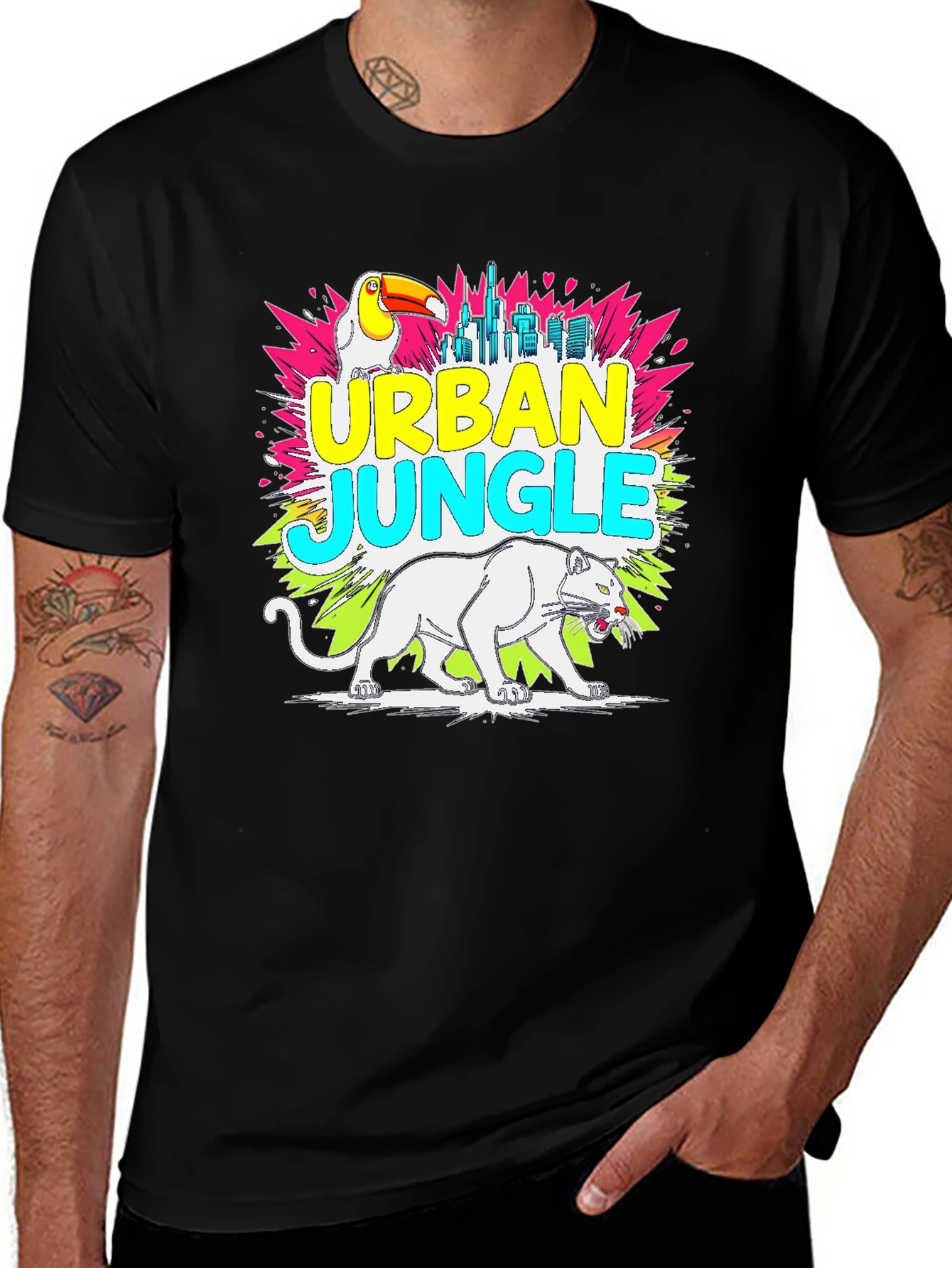 Variant 6 of Urban Jungle Graphic Tee - Toucan, Panther, Cityscape