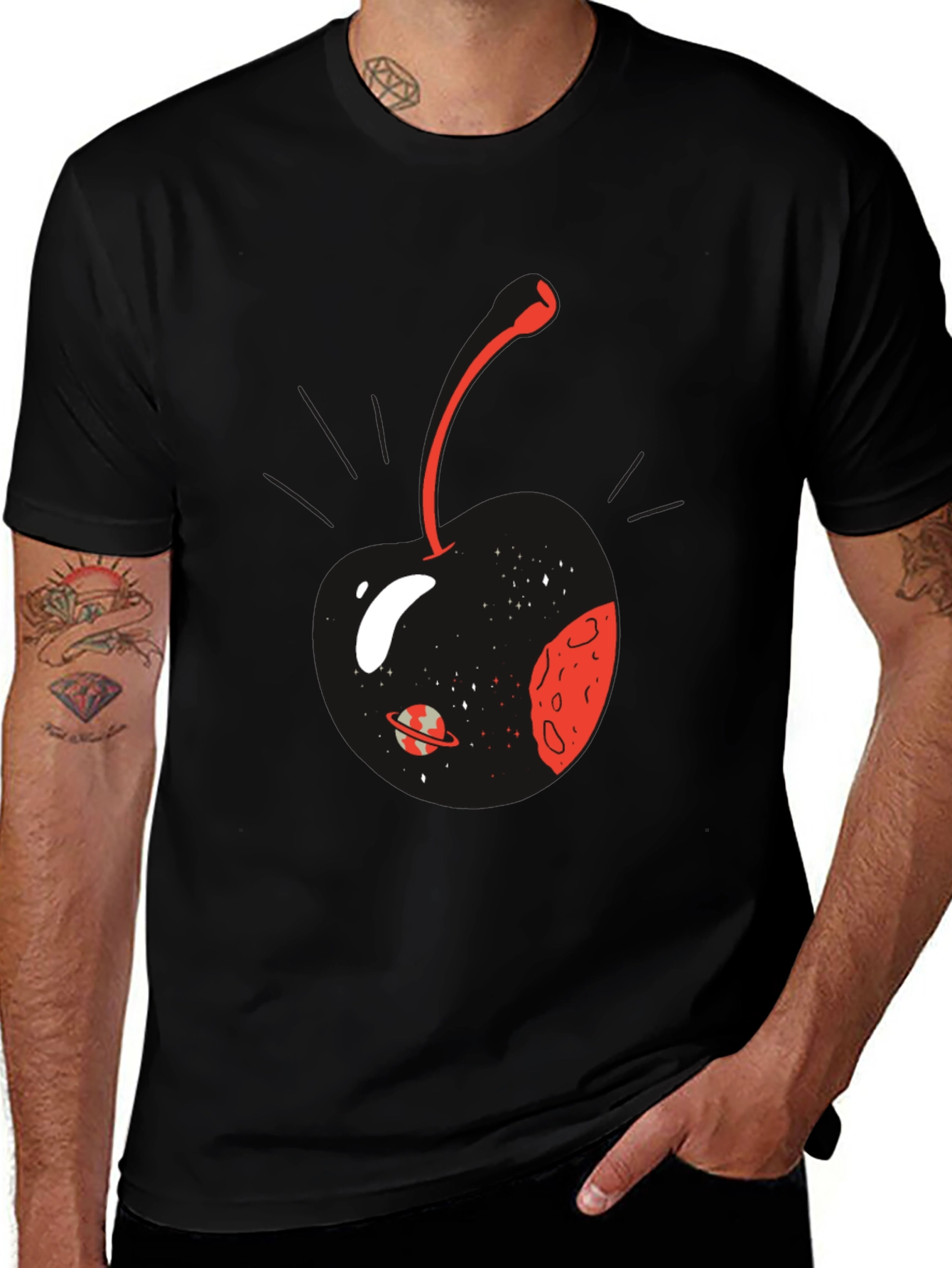 Variant 7 of Cosmic Cherry Graphic T-Shirt - Men's Black Tee