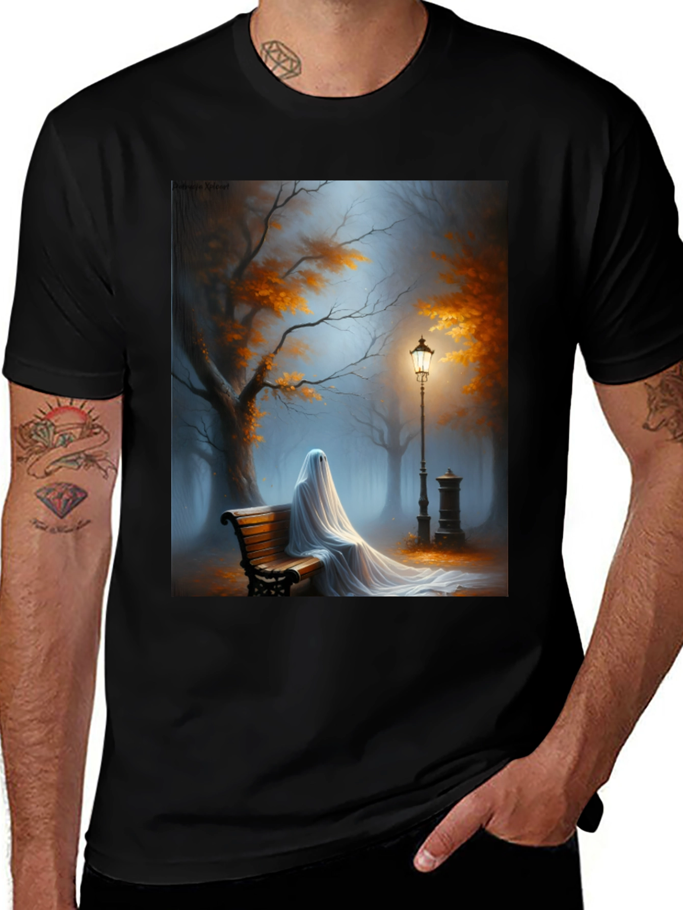 Variant 4 of Ghostly Park Bench Graphic Tee - Spooky Season Shirt