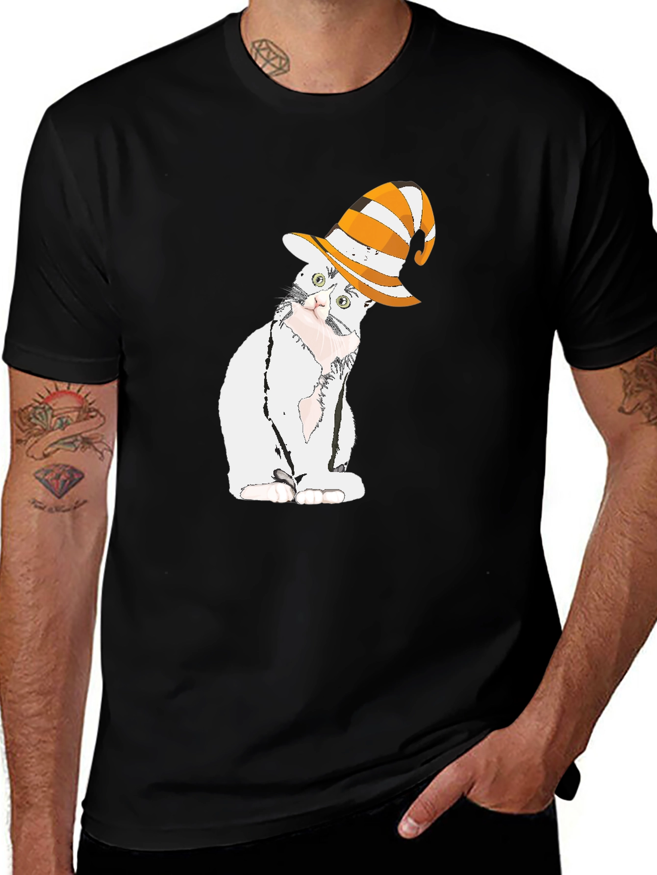 Variant 3 of Cat in Striped Hat Graphic Tee - Black