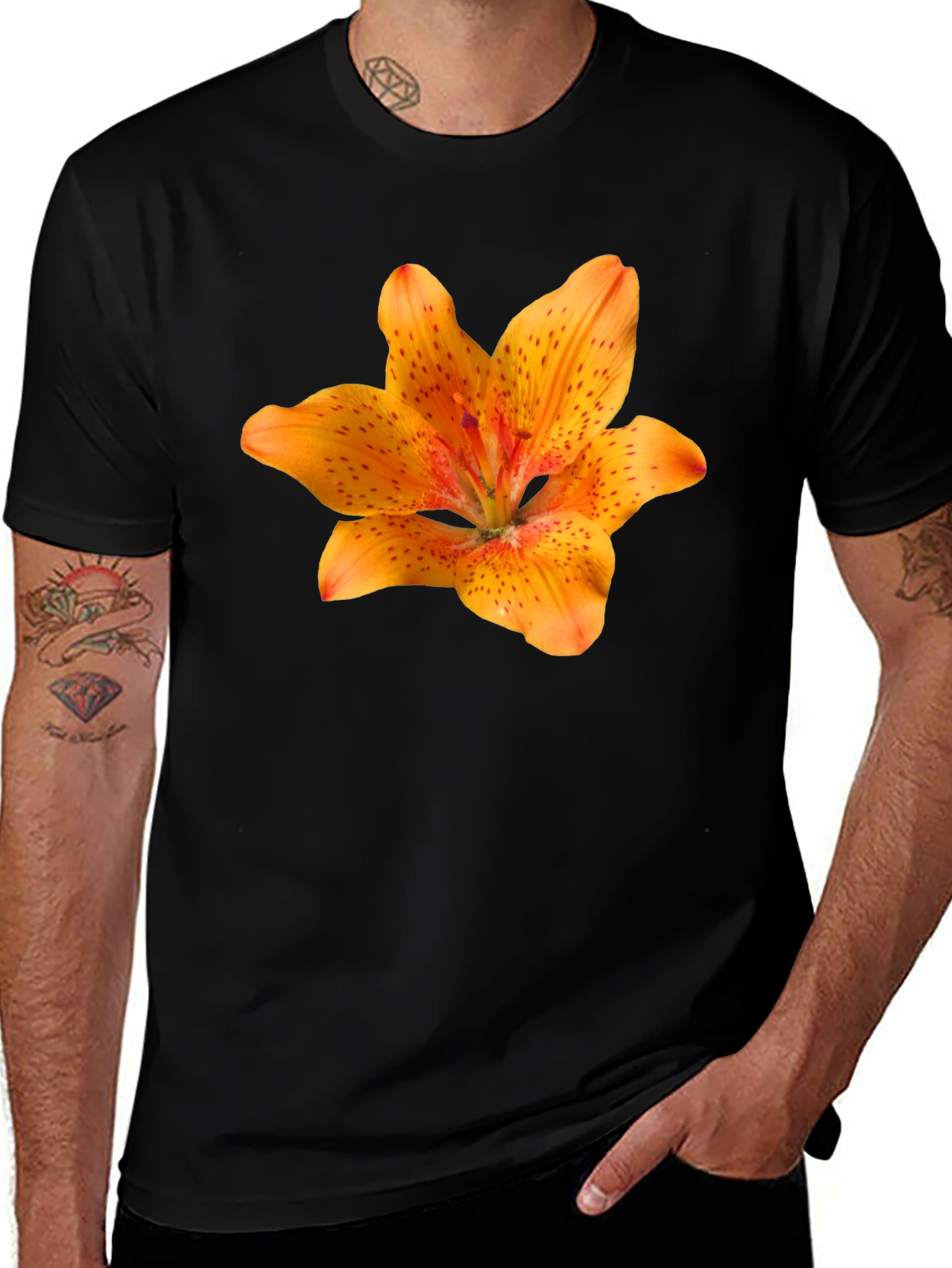 Variant 29 of Floral Lily Print Black T-Shirt