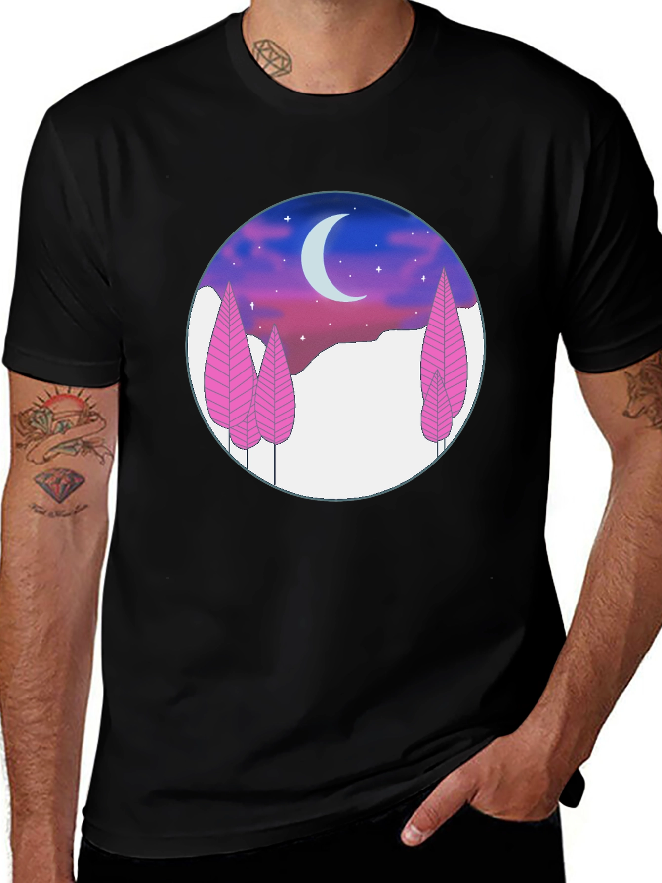 Night Sky T-Shirt - Pink Trees & Crescent Moon