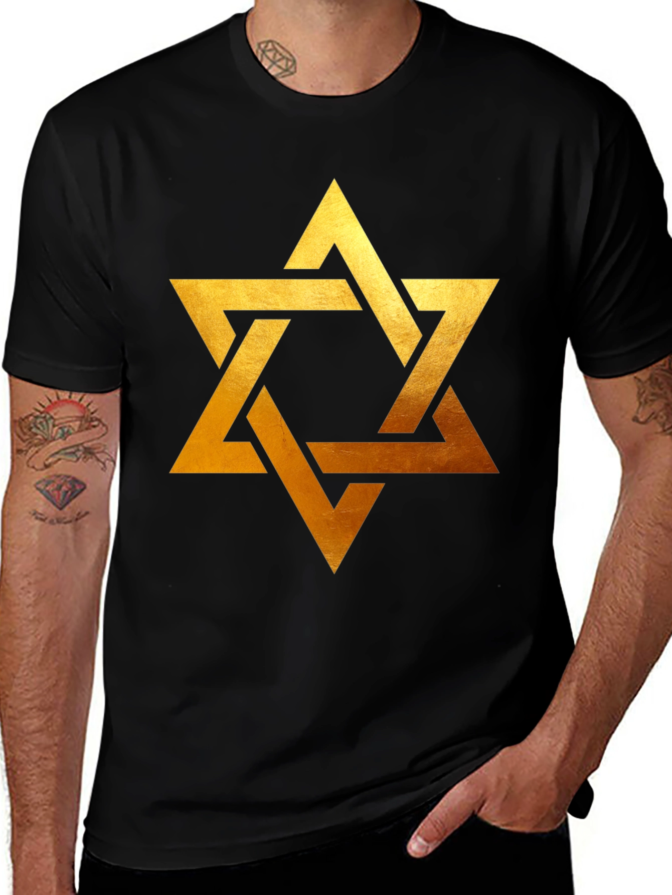 Star of David Graphic Tee - Gold Print on Black