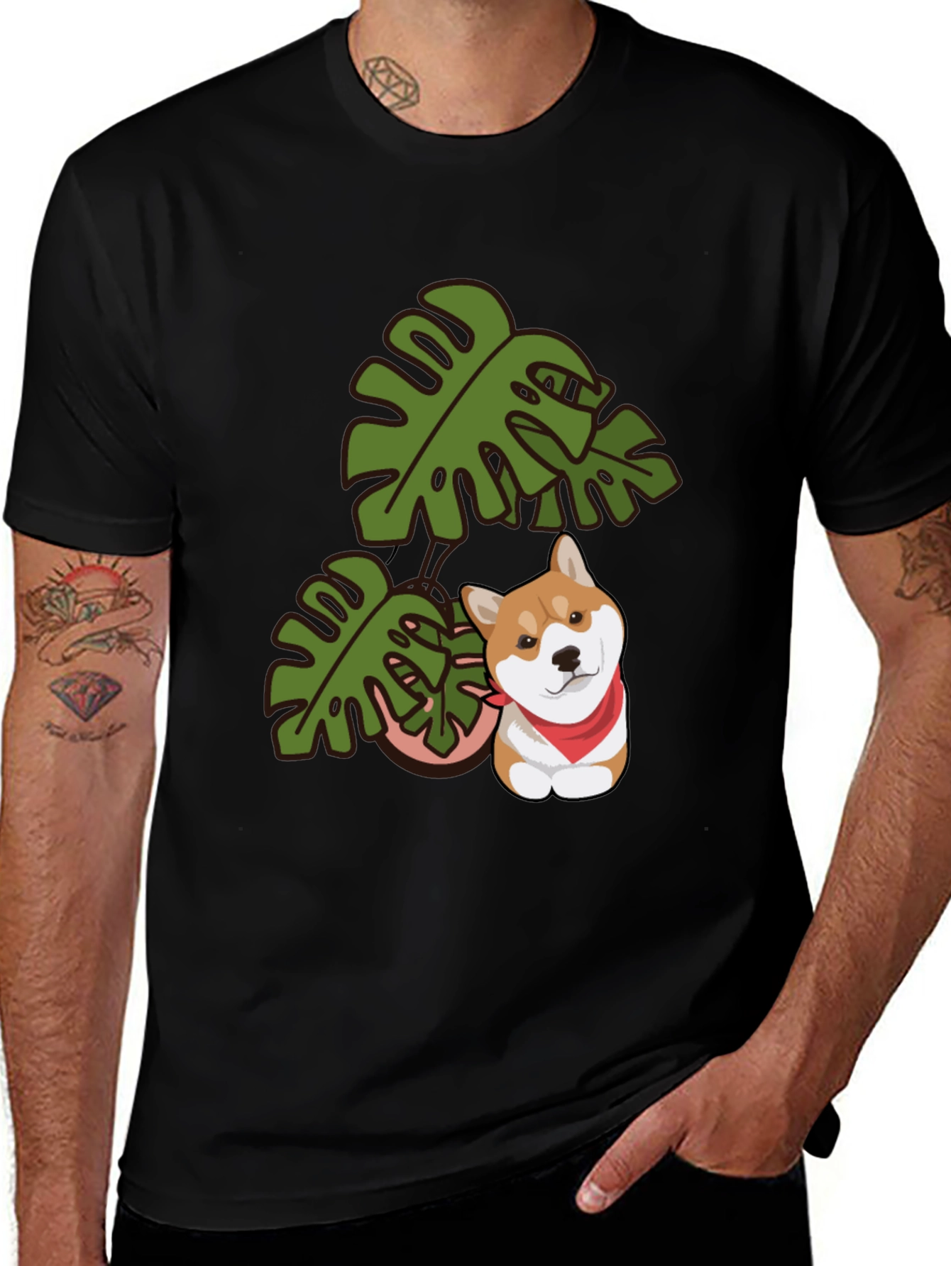 Variant 2 of Dog & Monstera Leaf Graphic Tee - Black