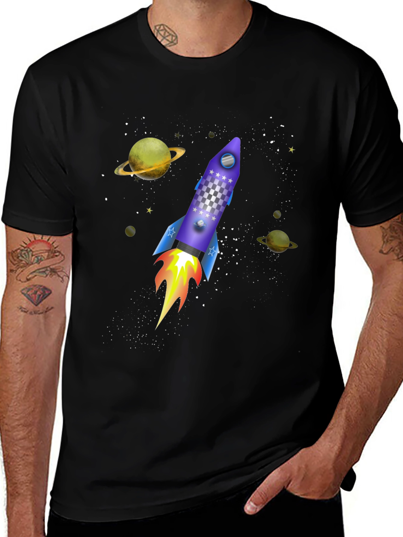 Variant 16 of Space Rocket Graphic Tee - Black Cotton T-Shirt