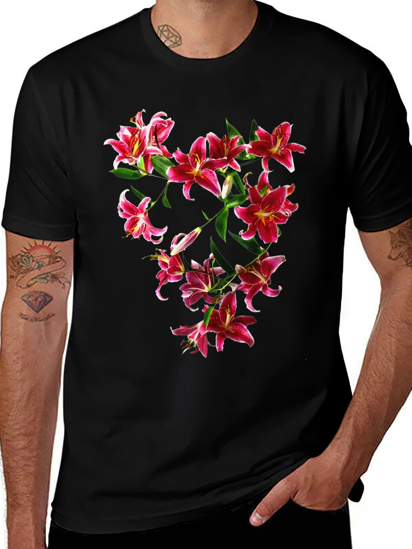 Variant 17 of Floral Lily Print Black T-Shirt
