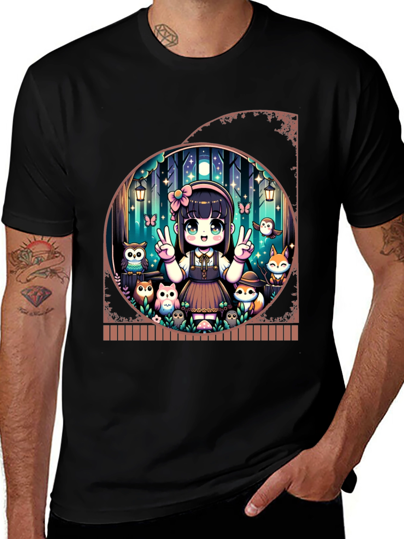 Anime Girl & Forest Animals Black T-Shirt