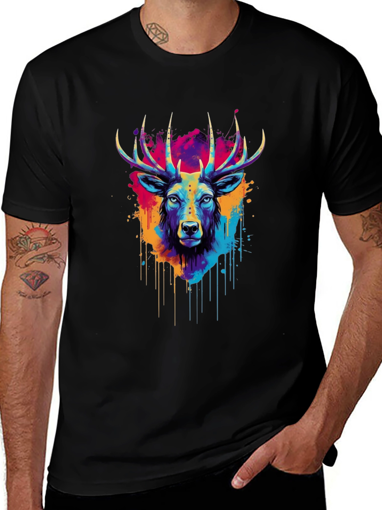 Variant 14 of Vibrant Deer Graphic Tee - Artistic Black T-Shirt