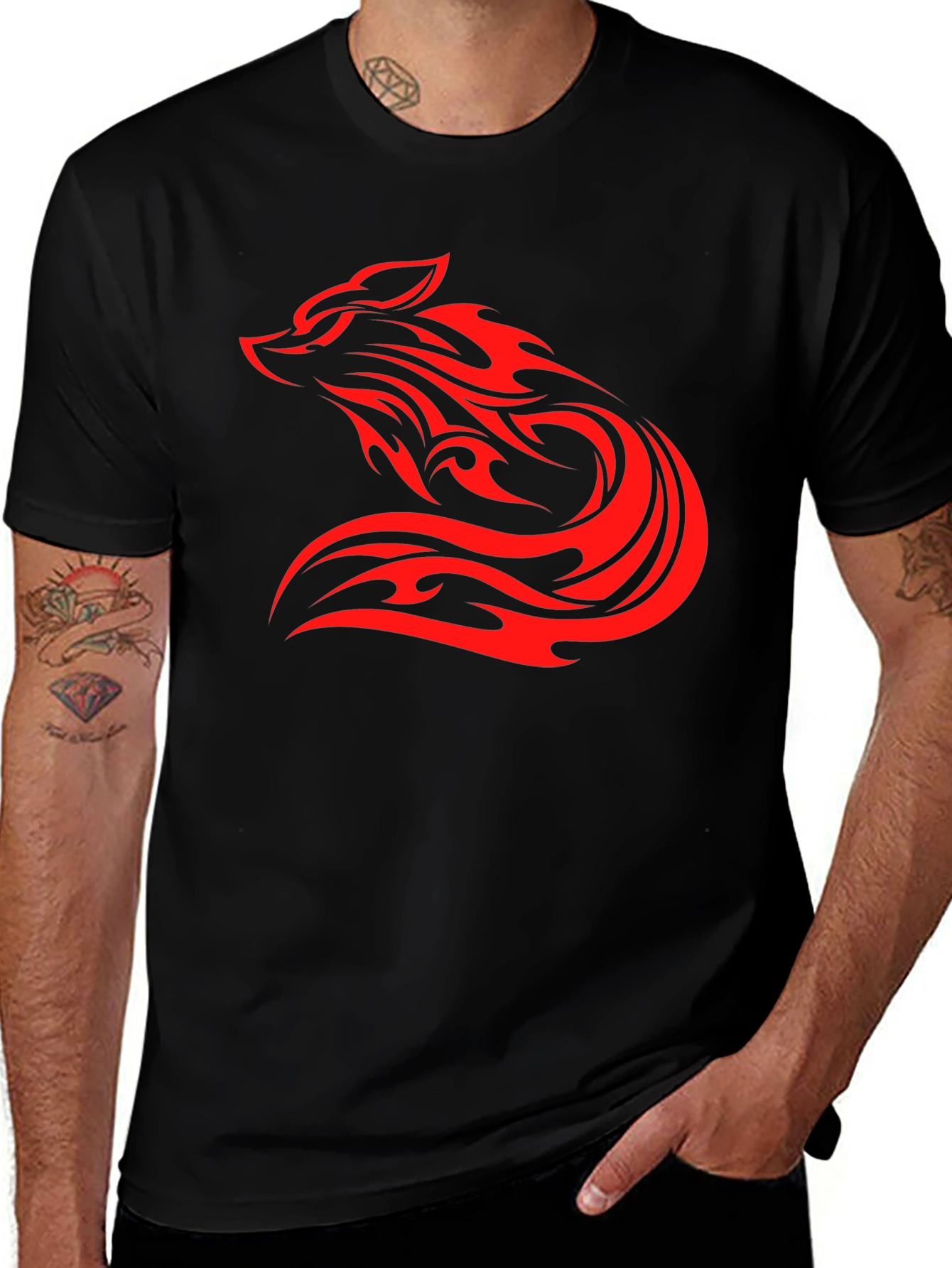 Variant 23 of Men's Black T-Shirt with Red Tribal Wolf Design