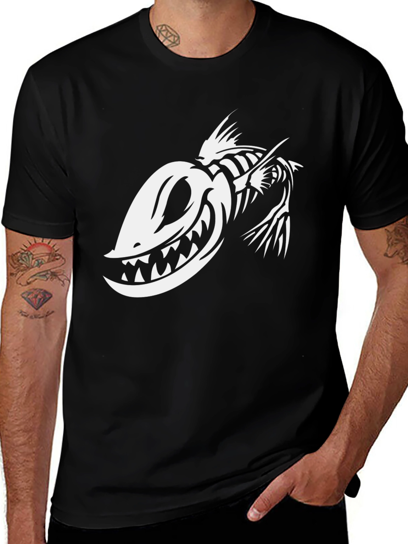 Variant 26 of Men's Black T-Shirt with White Fishbone Graphic
