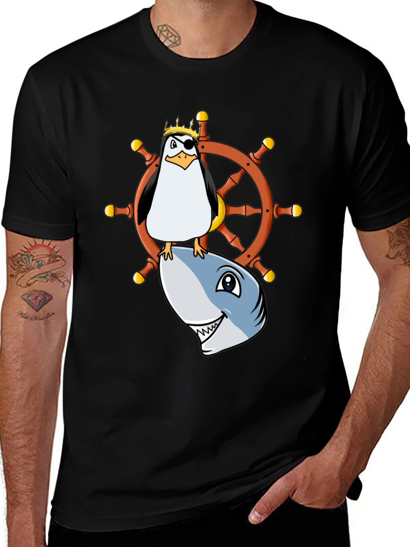 Pirate Penguin Shark Helm Funny T-Shirt