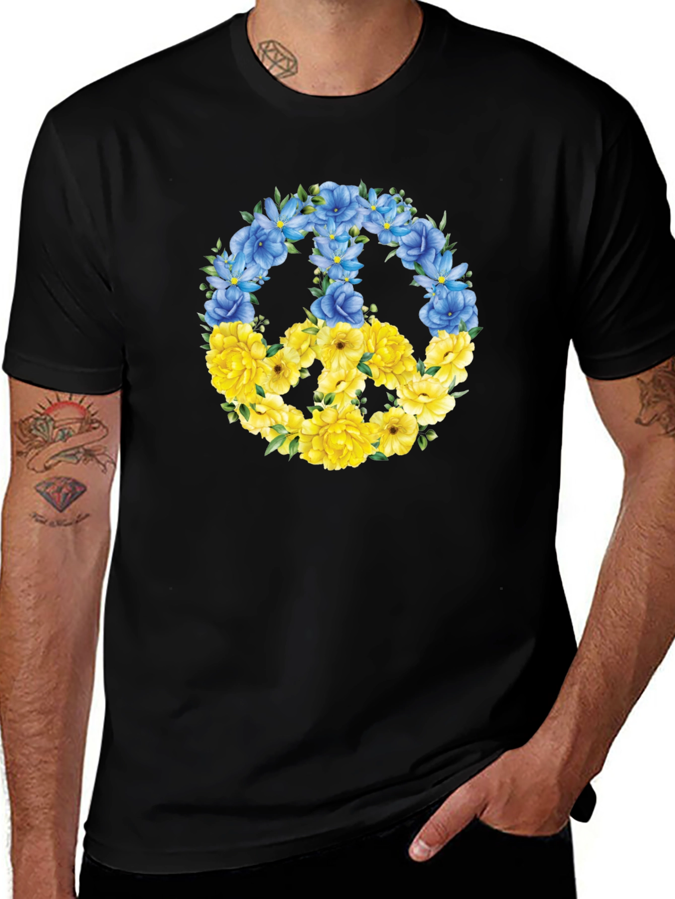 Floral Peace Sign Ukraine Pride Black T-Shirt