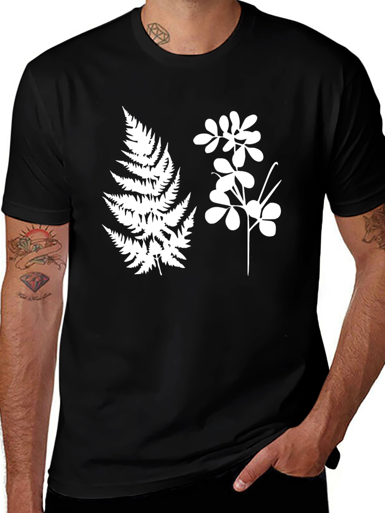 Botanical Print Black T-Shirt - Fern & Flower Design