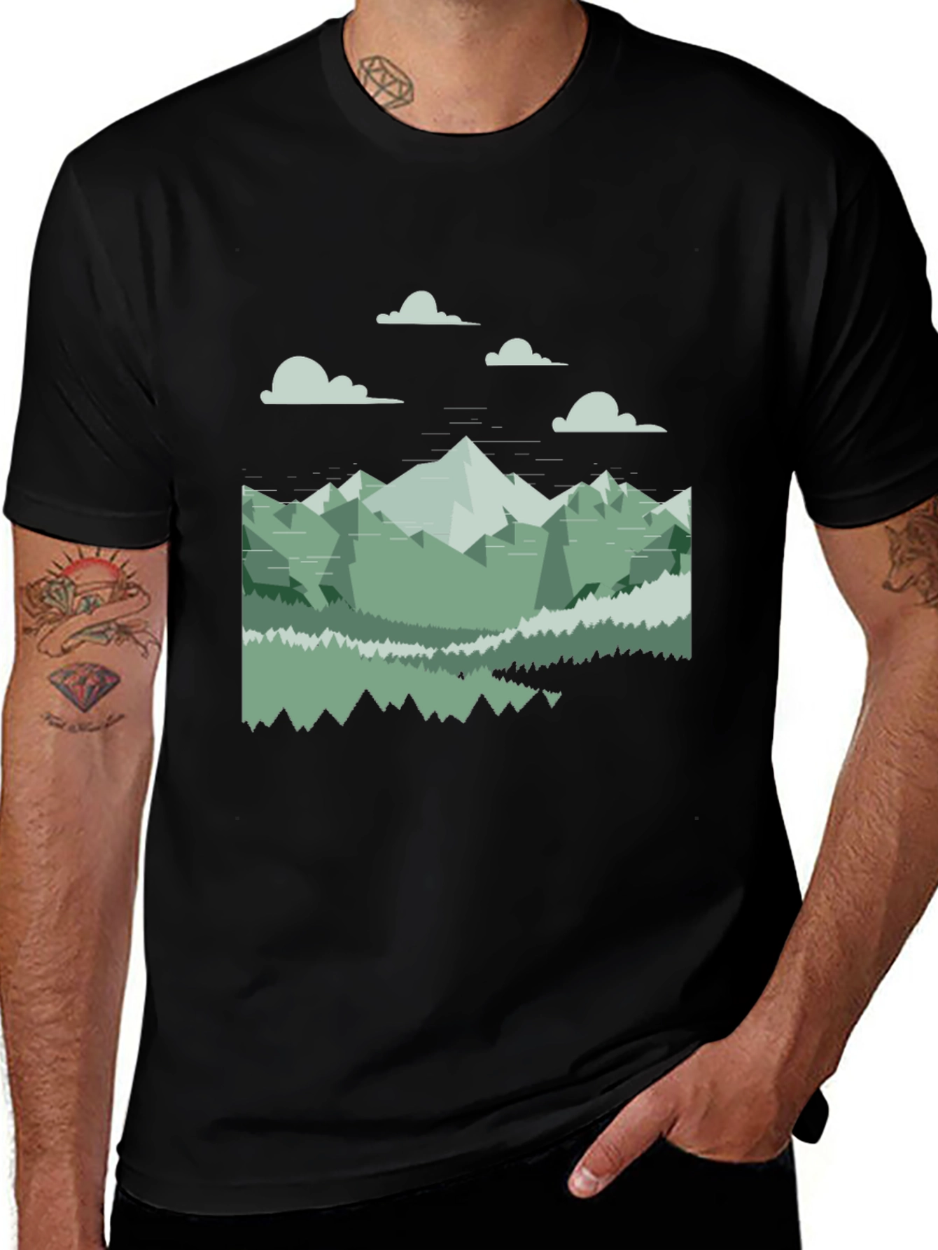 Variant 5 of Geometric Mountain Landscape Tee - Black Cotton Blend