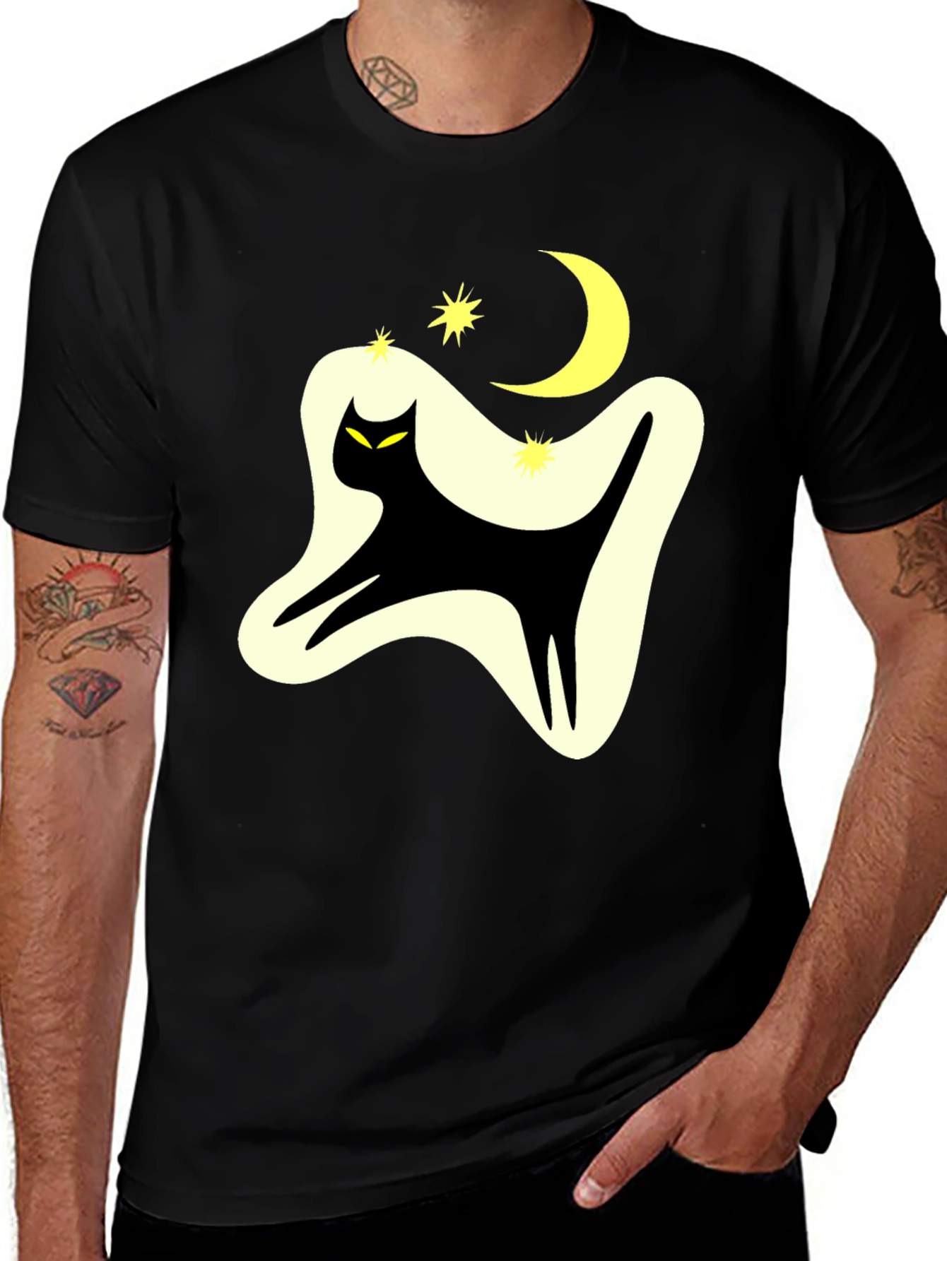 Variant 16 of Retro Cat Moon Star Graphic Tee - Black Cotton Blend
