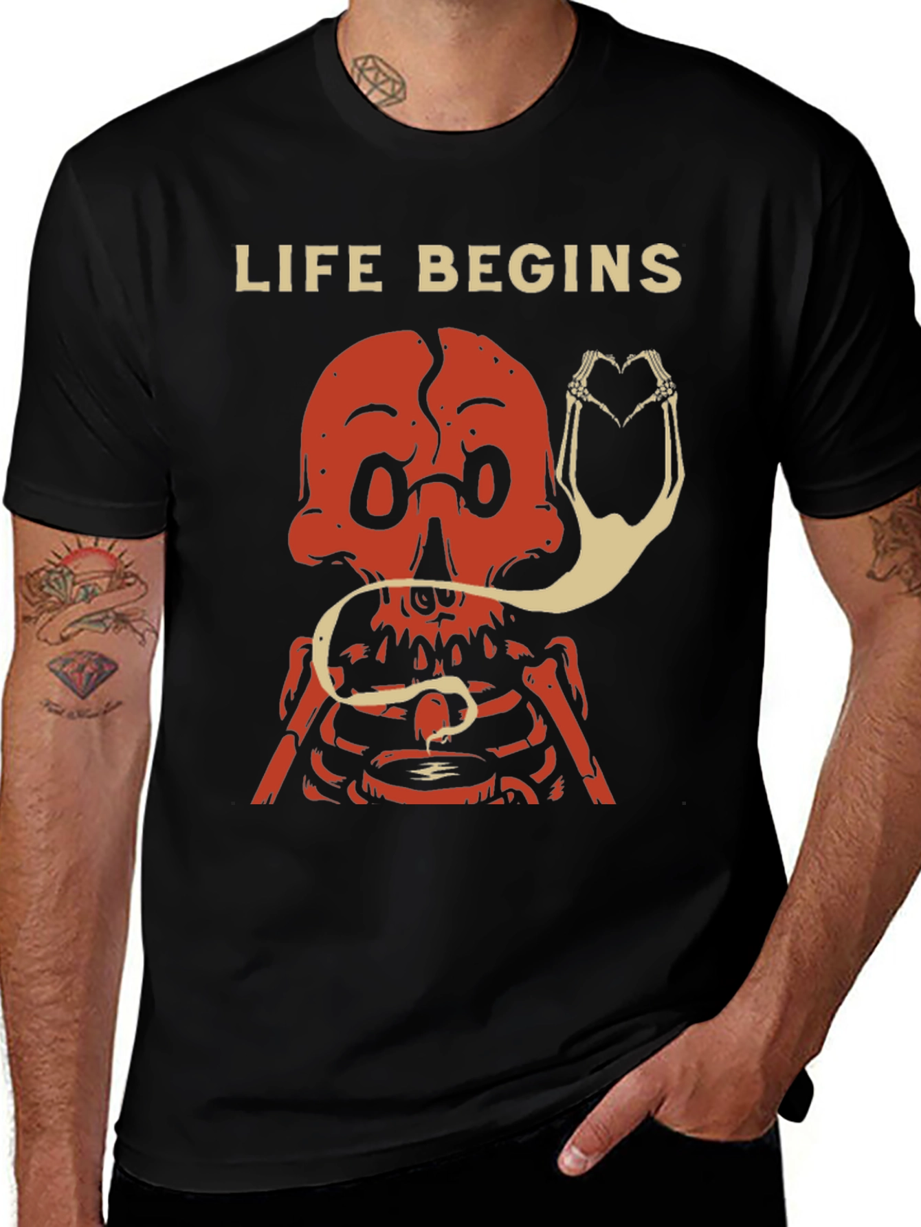 Variant 10 of Life Begins Skeleton Graphic Tee - Stylish Men's T-Shirt