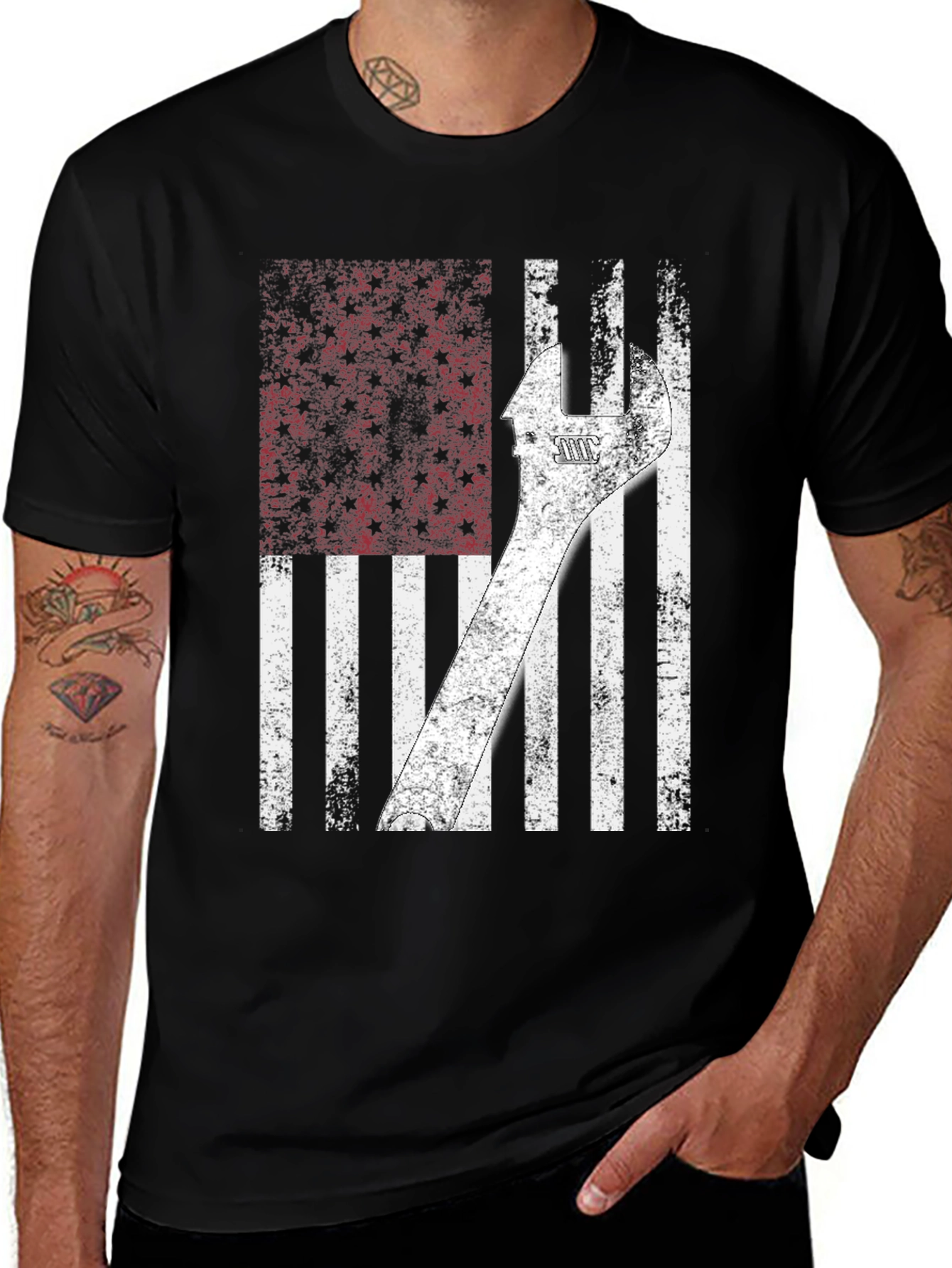 American Flag Wrench T-Shirt - Patriotic Mechanic Tee