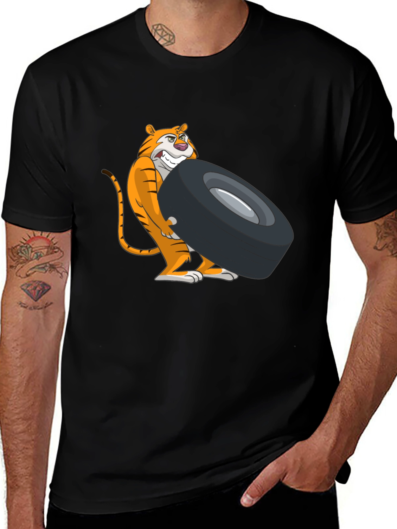 Tiger Lifting Tire Graphic Tee - Black Cotton T-Shirt