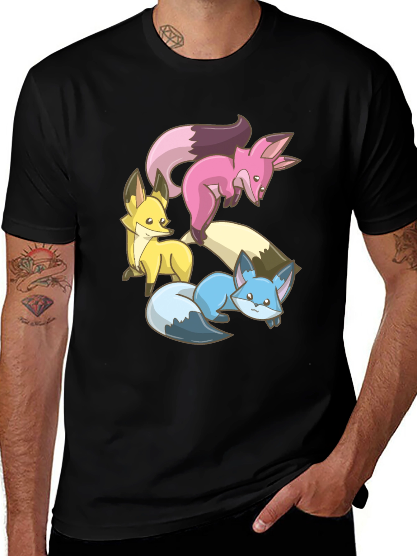 Black Cute Fox Trio Graphic Tee - Soft Cotton Blend main image