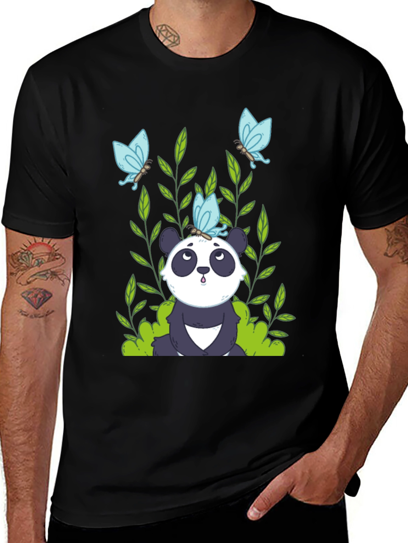 Black Panda and Butterflies Black T-Shirt main image