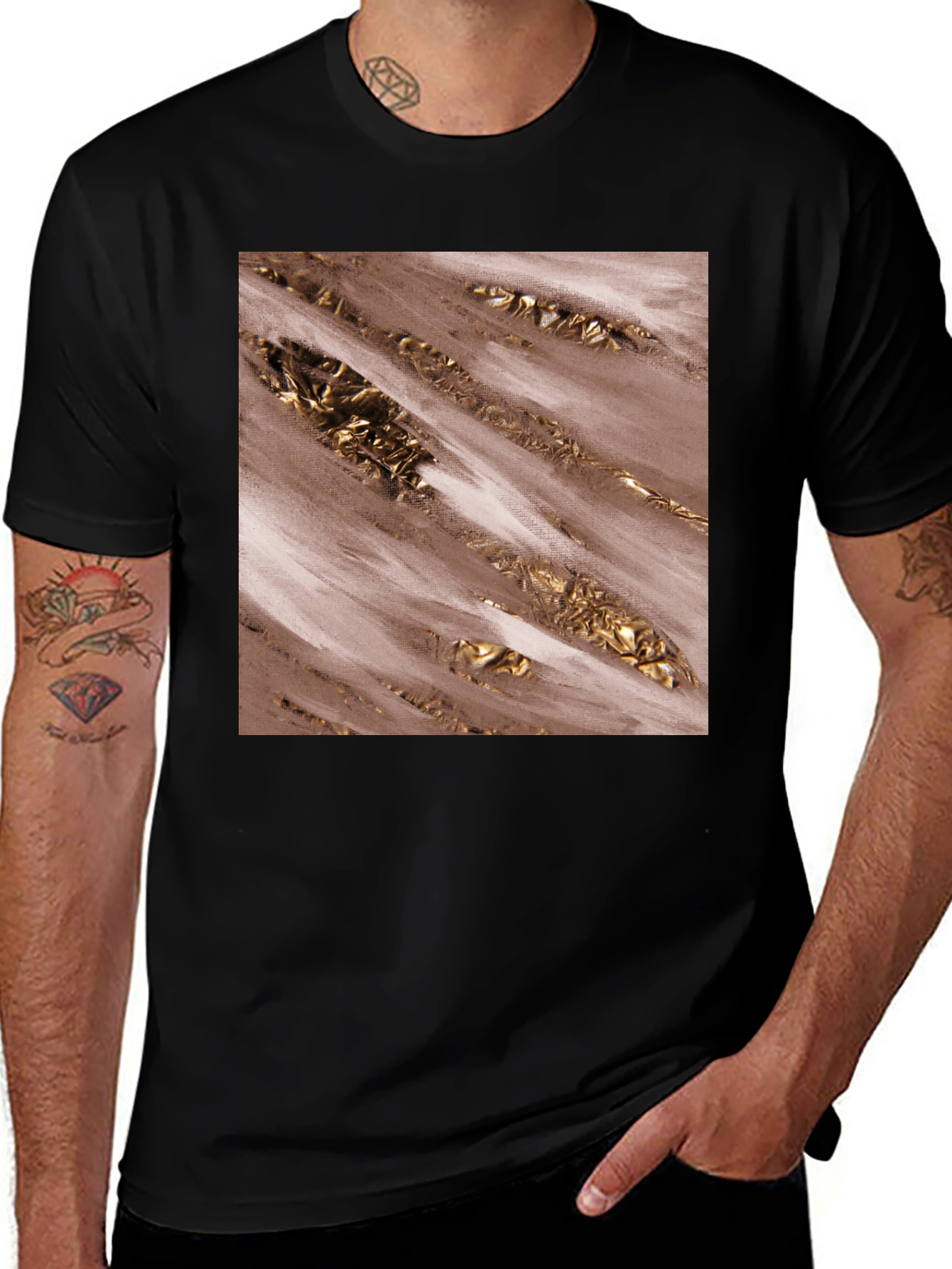 Variant 29 of Modern Abstract Gold Foil Print Black Tee