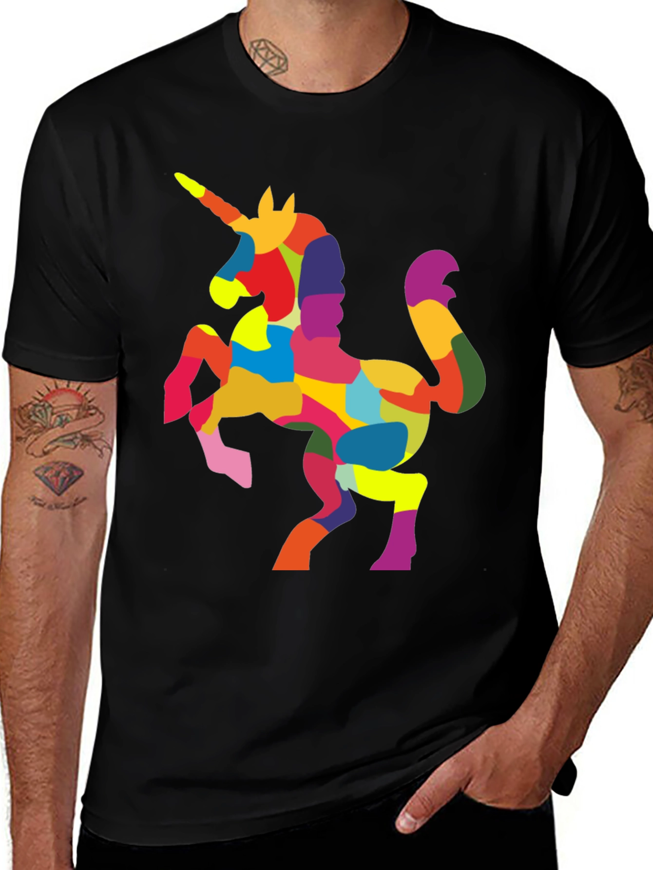 Variant 9 of Colorful Unicorn Graphic Tee - Black Cotton Shirt