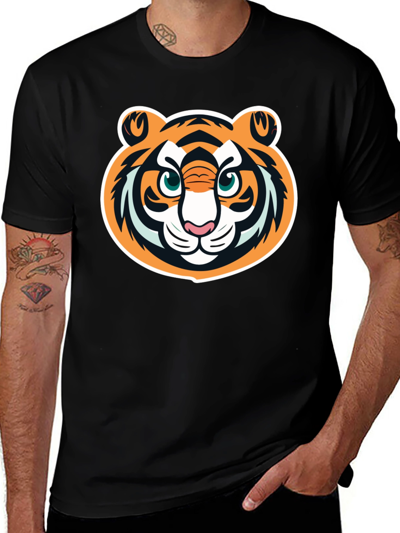 Tiger Face Graphic Tee - Black Cotton T-Shirt