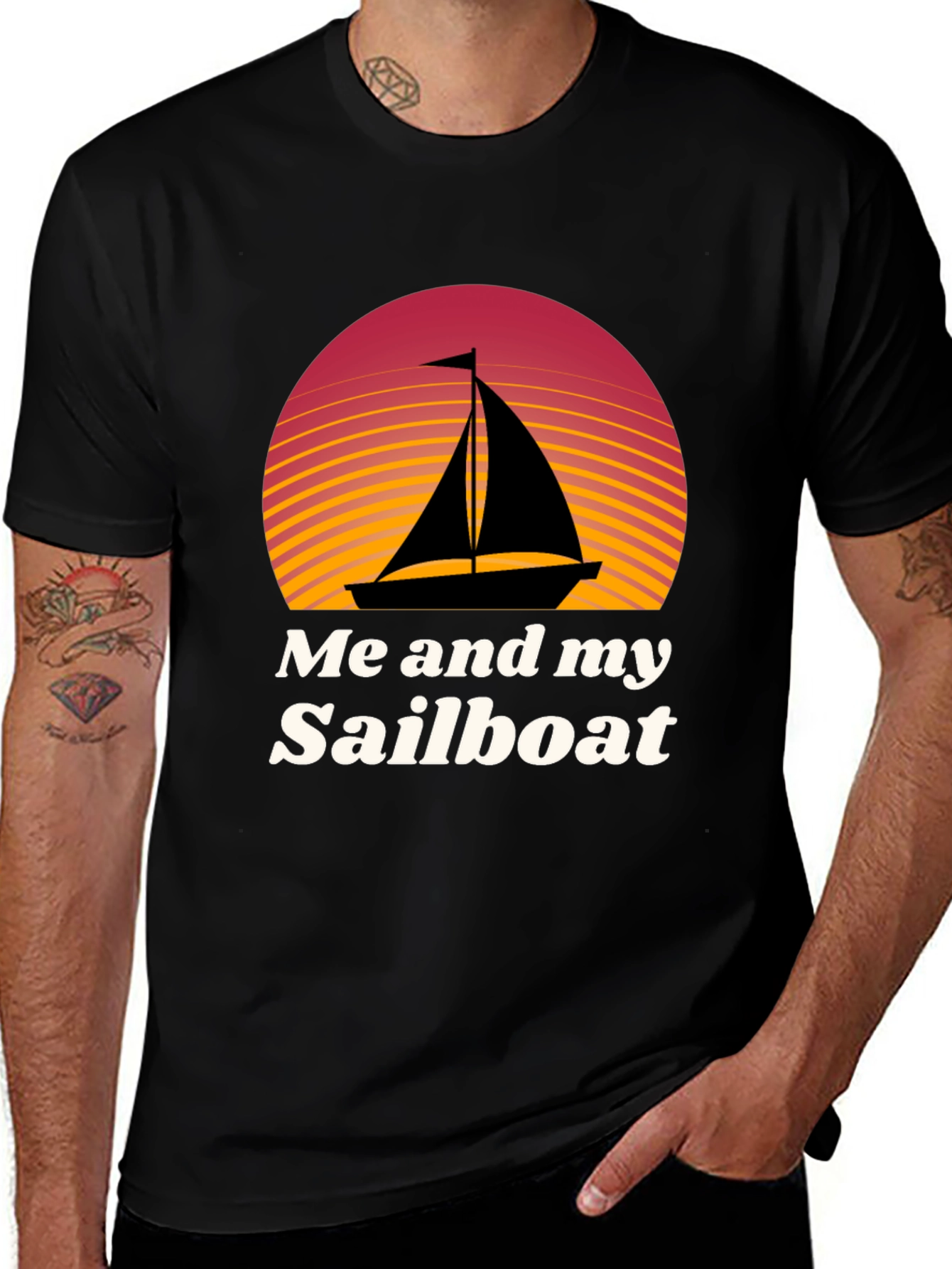 Variant 6 of Me and My Sailboat Graphic Tee - Black Cotton T-Shirt