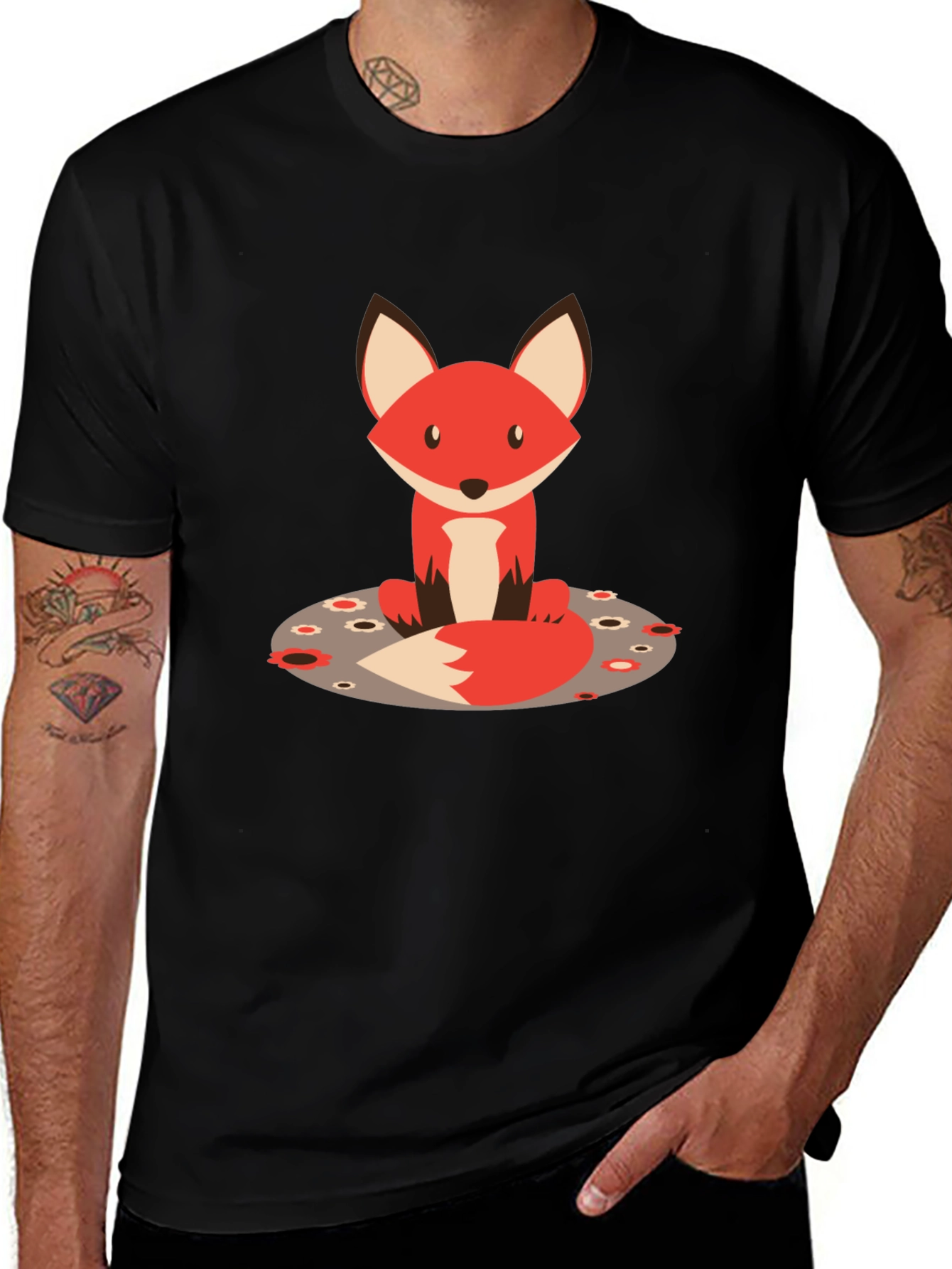 Variant 10 of Cute Cartoon Fox Graphic Tee - Black Cotton T-Shirt