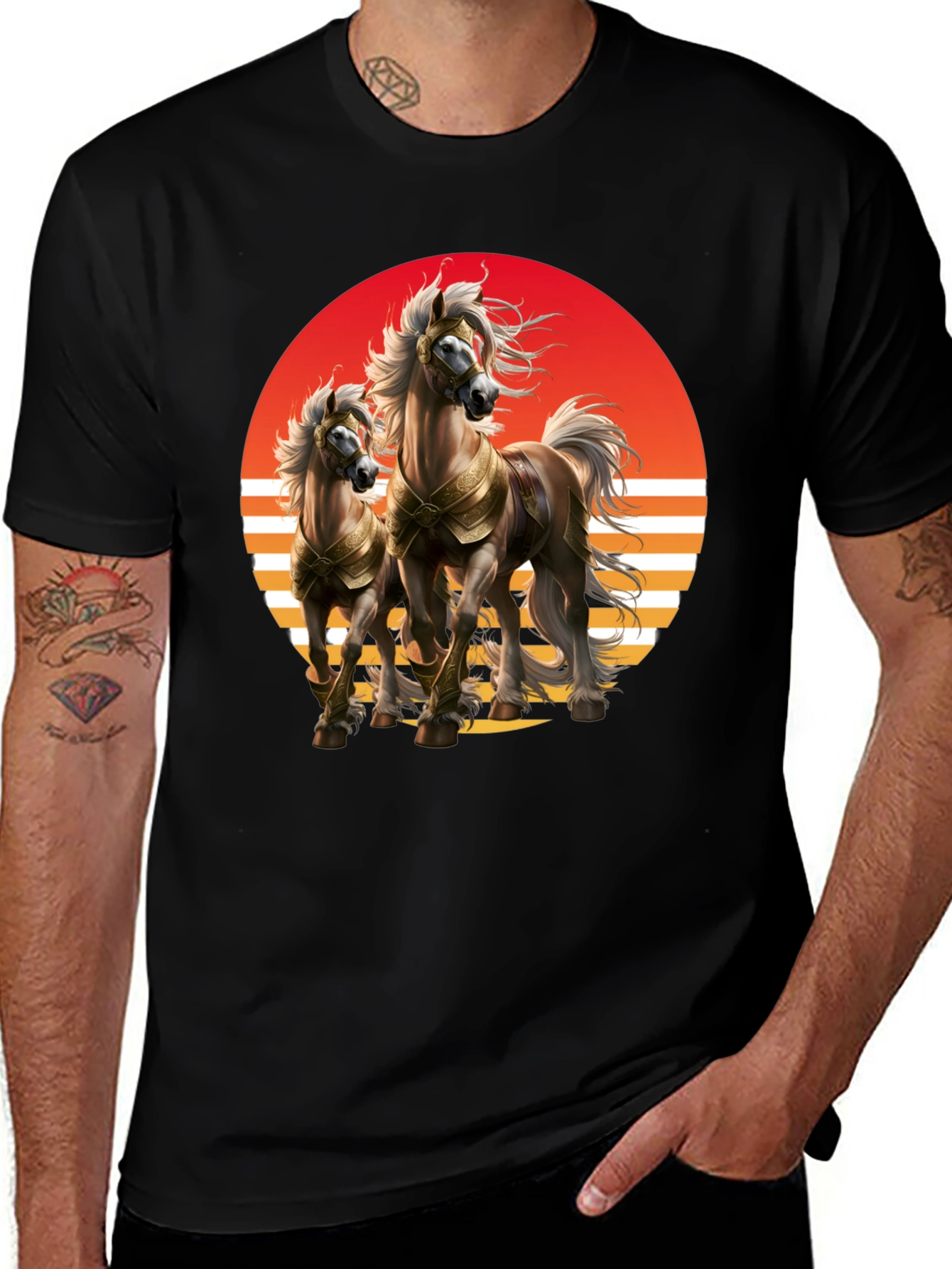 Variant 22 of Majestic Horse Sunset Graphic Tee - Stylish Black T-Shirt