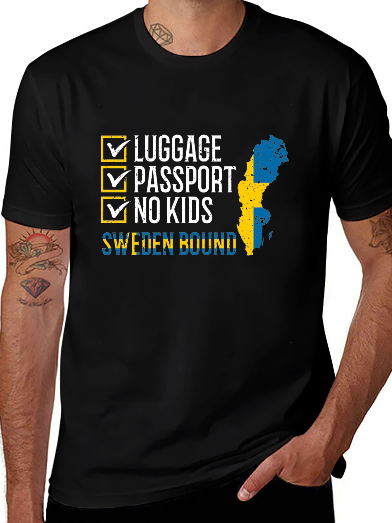 Sweden Bound T-Shirt: Luggage, Passport, No Kids - Travel Ready!