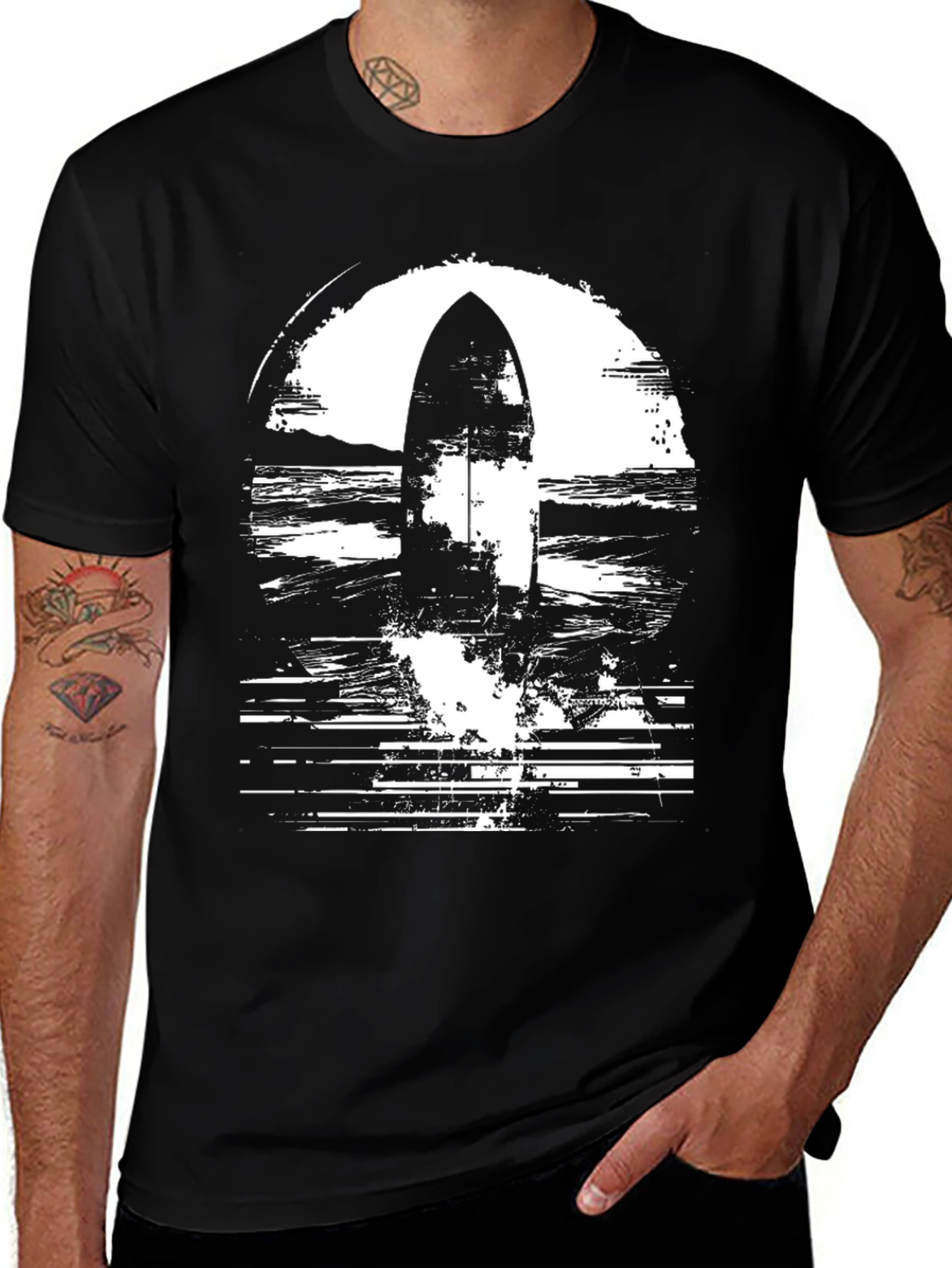 Black Surfboard Graphic Tee - Coastal Style