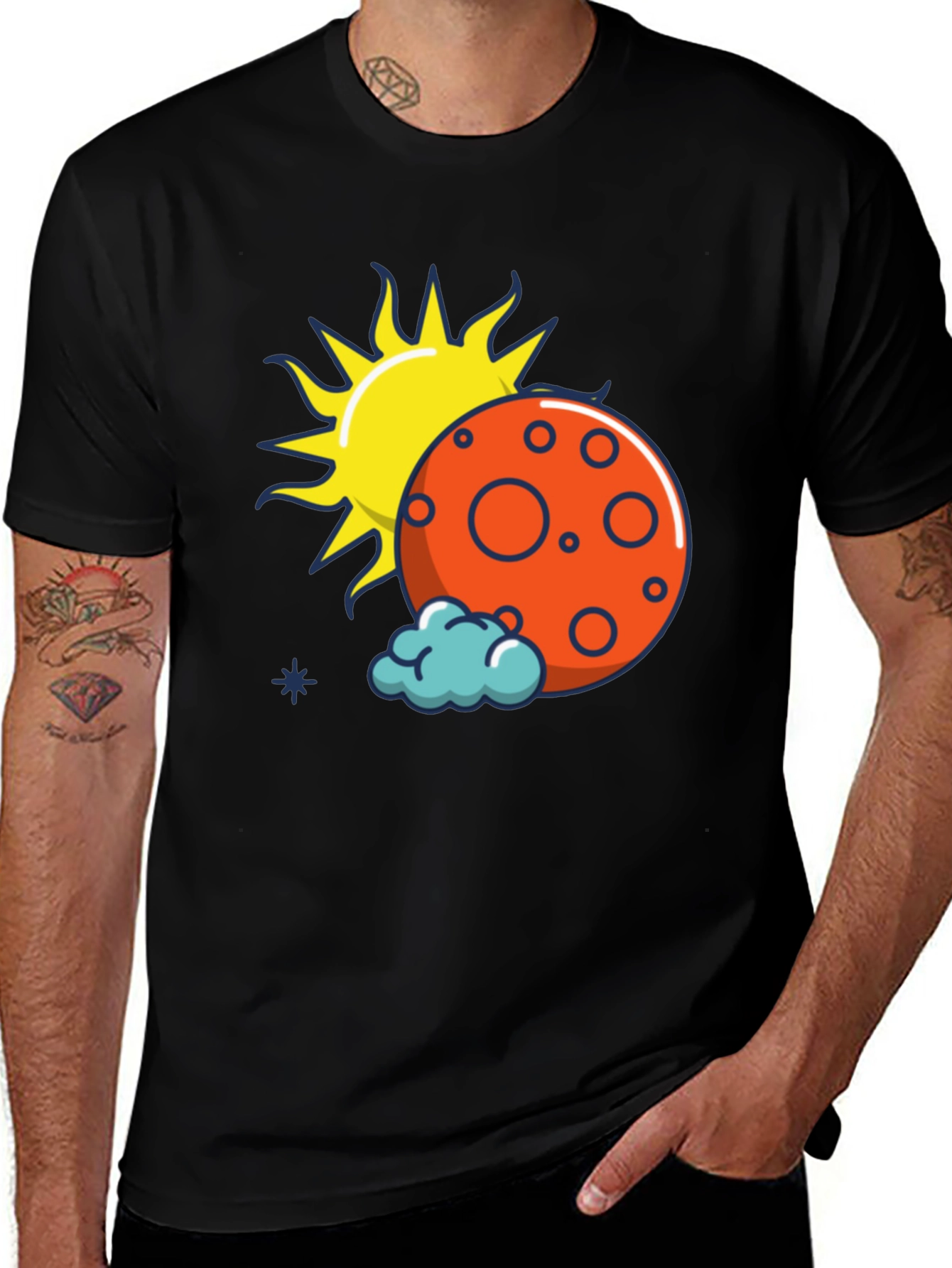 Variant 9 of Sun, Moon, and Cloud Graphic Print Black T-Shirt