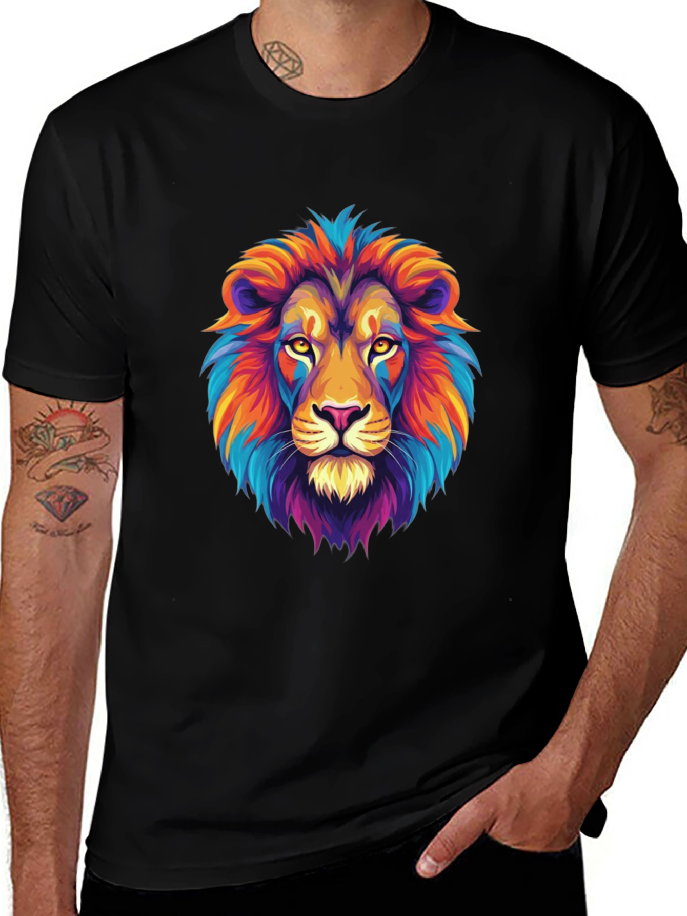 Variant 8 of Colorful Lion Graphic Print Black T-Shirt
