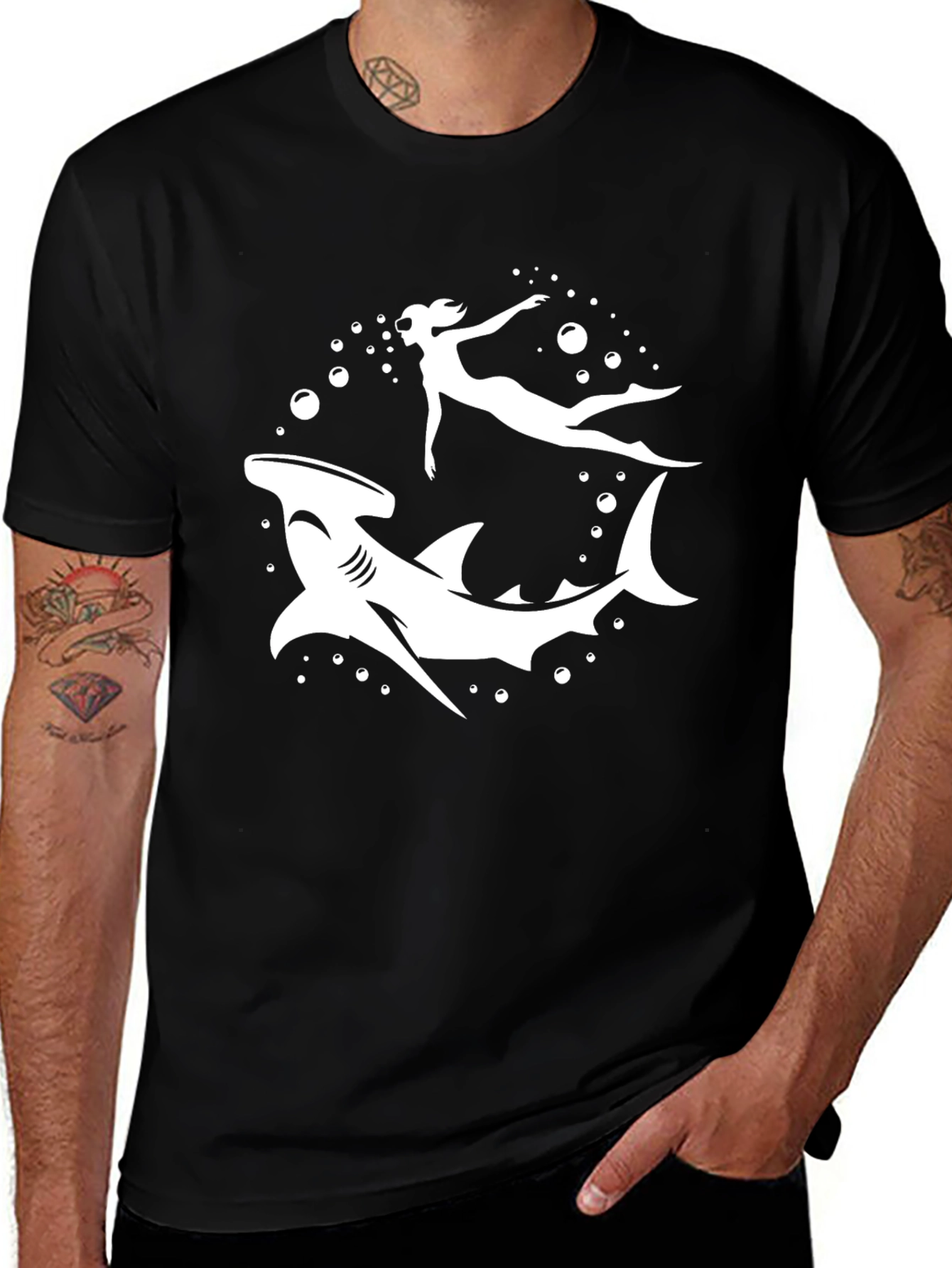 Variant 13 of Hammerhead Shark & Diver Black Graphic T-Shirt